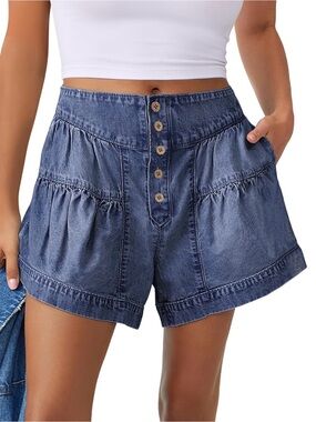 Women's High-Waist Gathered Denim Button-Front Shorts
